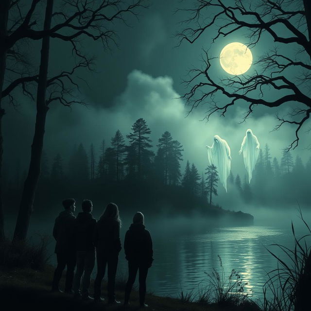 A chilling horror scene depicting a group of friends gathered at the edge of a serene lake under the eerie glow of the moon