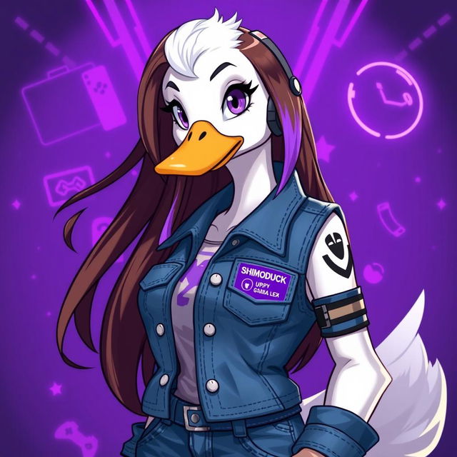 A female white duck gamer with long brown hair and violet highlights