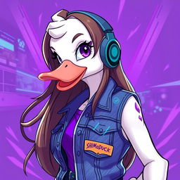 A female white duck gamer with long brown hair and violet highlights