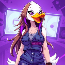 A female white duck gamer with long brown hair and violet highlights