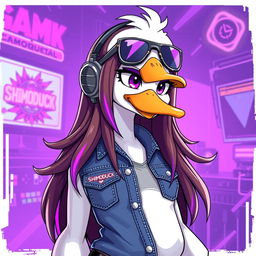 A female white duck gamer with long brown hair and violet highlights