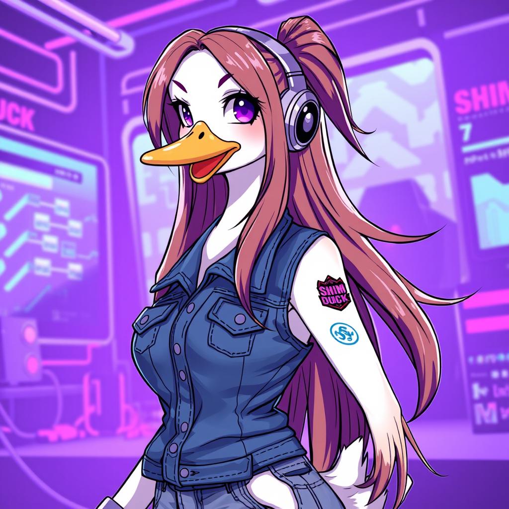 An illustration of a female white duck gamer with long brown hair and violet highlights