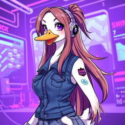 An illustration of a female white duck gamer with long brown hair and violet highlights