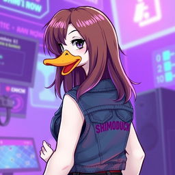 An illustration of a female white duck gamer with long brown hair and violet highlights