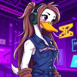 An illustration of a female white duck gamer with long brown hair and violet highlights