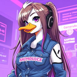 An illustration of a female white duck gamer with long brown hair and violet highlights