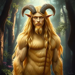 A mystical portrait of a male satyr, featuring golden blonde fur that covers his body