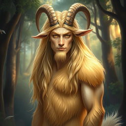 A mystical portrait of a male satyr, featuring golden blonde fur that covers his body