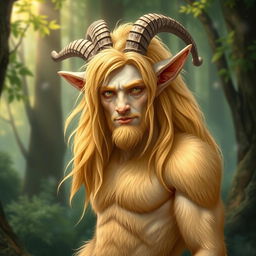 A mystical portrait of a male satyr, featuring golden blonde fur that covers his body