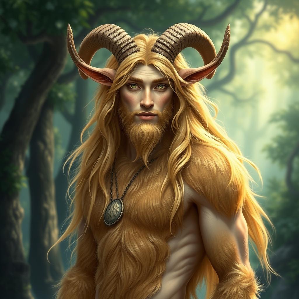 A mystical portrait of a male satyr, featuring golden blonde fur that covers his body