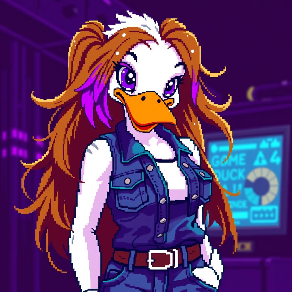 A pixel art image of a female white duck gamer with long brown hair and violet highlights