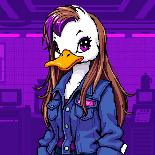 A pixel art image of a female white duck gamer with long brown hair and violet highlights