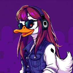 A pixel art image of a female white duck gamer with long brown hair and violet highlights