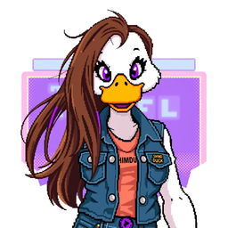 A pixel art image of a female white duck gamer with long brown hair and violet highlights