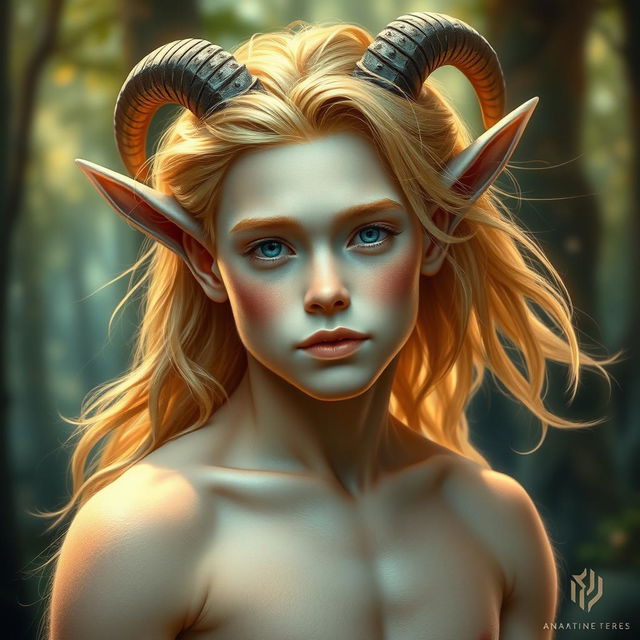 A mystical portrait of a young, shaved male satyr, featuring luxurious golden blonde fur that elegantly covers his goat-like body