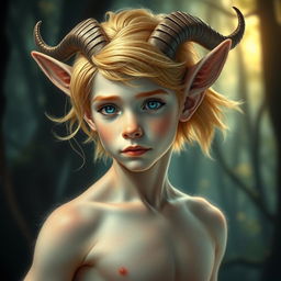 A mystical portrait of a young, shaved male satyr, featuring luxurious golden blonde fur that elegantly covers his goat-like body