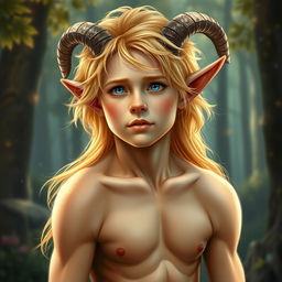 A mystical portrait of a young, shaved male satyr, featuring luxurious golden blonde fur that elegantly covers his goat-like body