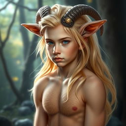 A mystical portrait of a young, shaved male satyr, featuring luxurious golden blonde fur that elegantly covers his goat-like body