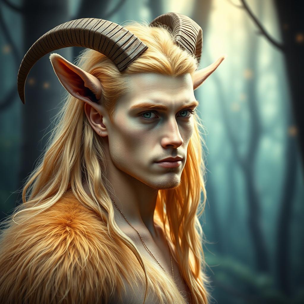 A mystical portrait of a 25-year-old male satyr, featuring golden blonde fur covering his goat-like body