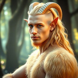 A mystical portrait of a 25-year-old male satyr, featuring golden blonde fur covering his goat-like body