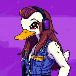 A pixel art depiction of a female white duck gamer with long brown hair and violet highlights