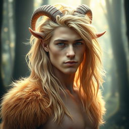 A mystical portrait of a 25-year-old male satyr, featuring golden blonde fur covering his goat-like body