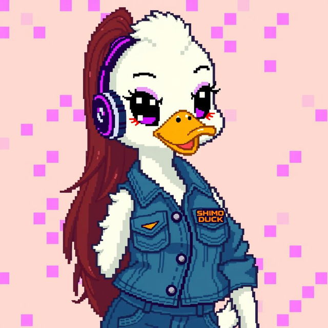 A pixel art depiction of a female white duck gamer with long brown hair and violet highlights