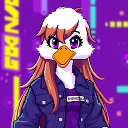 A pixel art depiction of a female white duck gamer with long brown hair and violet highlights