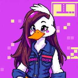 A pixel art depiction of a female white duck gamer with long brown hair and violet highlights