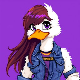 A pixel art depiction of a female white duck gamer with long brown hair and violet highlights