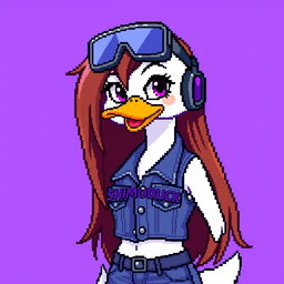 A pixel art depiction of a female white duck gamer with long brown hair and violet highlights