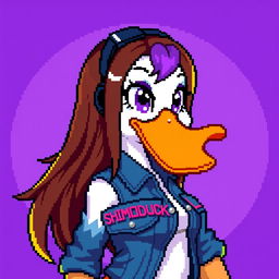 A pixel art depiction of a female white duck gamer with long brown hair and violet highlights