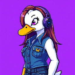 A pixel art depiction of a female white duck gamer with long brown hair and violet highlights