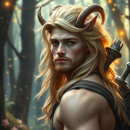 A mystical portrait of a 25-year-old male satyr, showcasing luxurious golden blonde fur