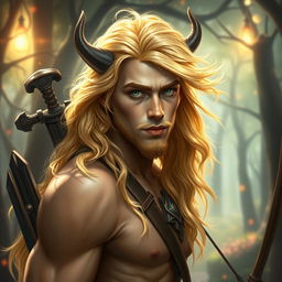 A mystical portrait of a 25-year-old male satyr, showcasing luxurious golden blonde fur