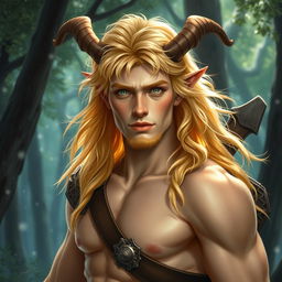 A mystical portrait of a 25-year-old male satyr, showcasing luxurious golden blonde fur