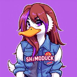 A pixel art illustration of a female white duck gamer featuring long brown hair with violet streaks