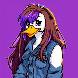 A pixel art illustration of a female white duck gamer featuring long brown hair with violet streaks