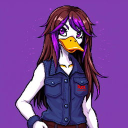 A pixel art illustration of a female white duck gamer featuring long brown hair with violet streaks