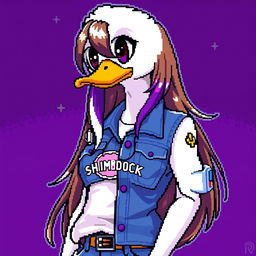 A pixel art illustration of a female white duck gamer featuring long brown hair with violet streaks