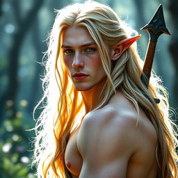 A mystical portrait of a 25-year-old male satyr, exuding a sense of pretty enchantment with his golden blonde fur and captivating features