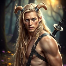 A mystical portrait of a 25-year-old male satyr, exuding a sense of pretty enchantment with his golden blonde fur and captivating features