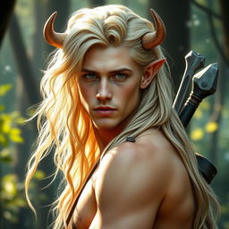 A mystical portrait of a 25-year-old male satyr, exuding a sense of pretty enchantment with his golden blonde fur and captivating features