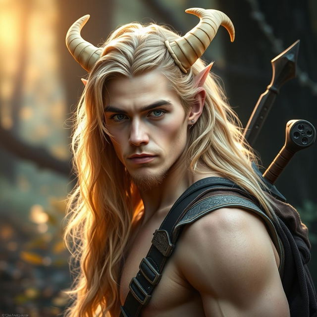 A mystical portrait of a 25-year-old male satyr, exuding a sense of pretty enchantment with his golden blonde fur and captivating features