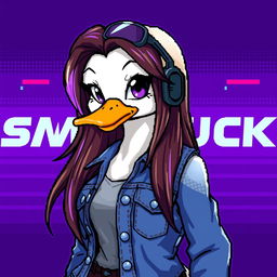 Pixel art of a female white duck gamer, sporting long brown hair with violet streaks