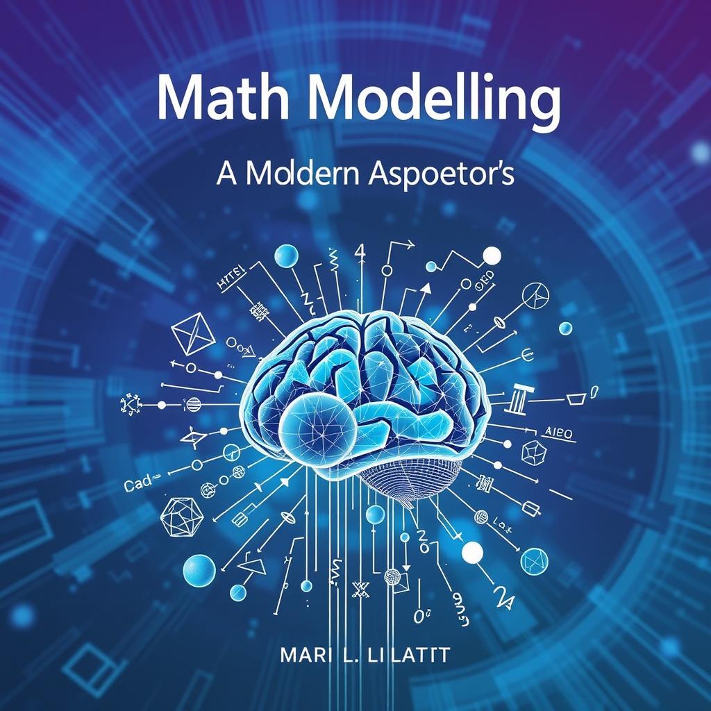 Illustrated cover of an eBook on math modeling featuring intricate geometrical shapes and equations floating in a digital space