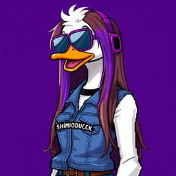 Pixel art of a female white duck gamer, sporting long brown hair with violet streaks