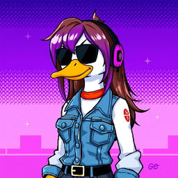 Pixel art of a female white duck gamer, sporting long brown hair with violet streaks