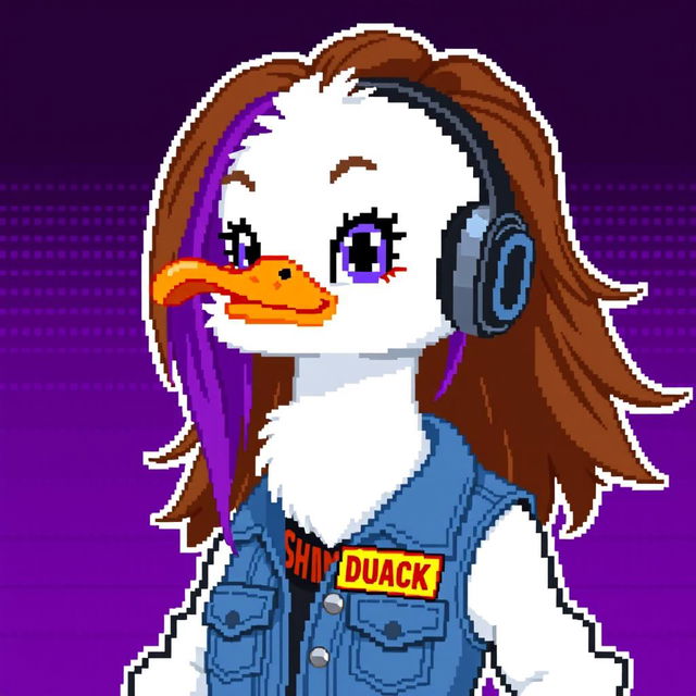 Pixel art of a female white duck gamer, sporting long brown hair with violet streaks