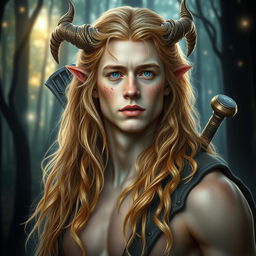 A mystical portrait of a 25-year-old male satyr, adorned with shimmering golden blonde fur